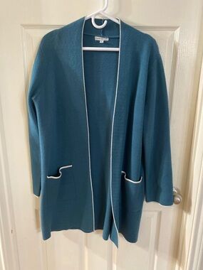 Crosstree Lane Teal Open-Front Cardigan with White Trim